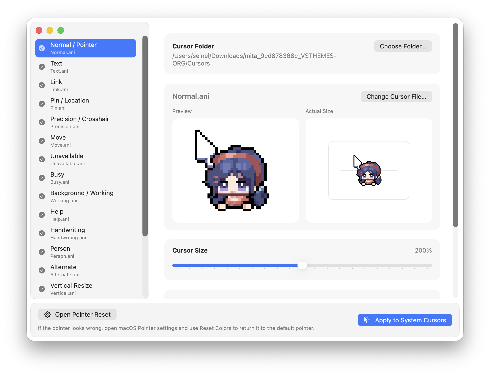 Cursie macOS app preview showing Windows cursor pack roles and custom cursor previews